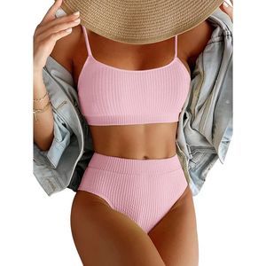 Lilosy Brazilian Crop Top High Waisted Tummy Control Ribbed Bikini 2pc SZ L:NWOT